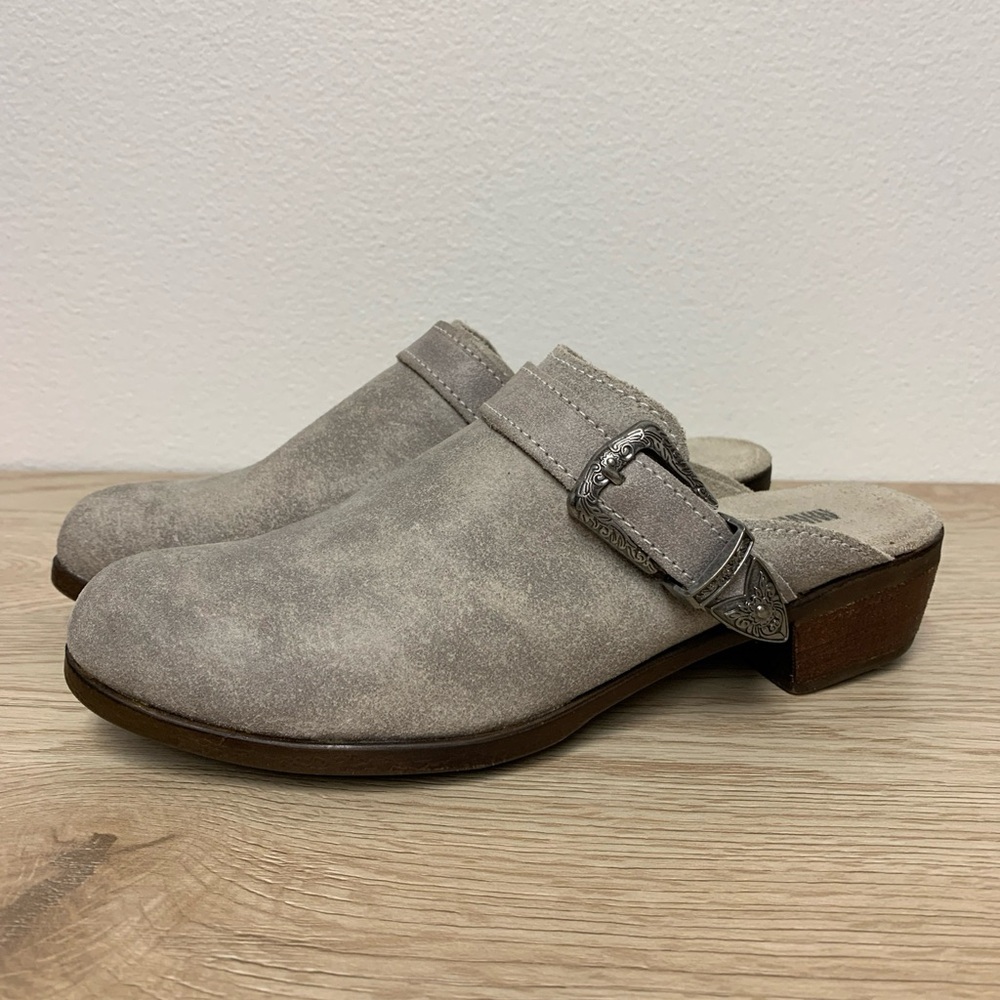 Minnetonka Taupe Suede Slip-On Mule with Decorative Buckle